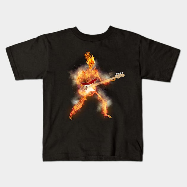 Flaming Skeleton Base Guitarist Kids T-Shirt by Ratherkool
